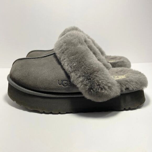 UGG Shoes - UGG Disquette Platform Slipper Women's 9 Charcoal Suede Sheepskin Lined 1122550